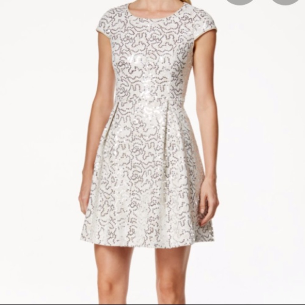 Sequin Cap-Sleeve Fit-and-Flare dress